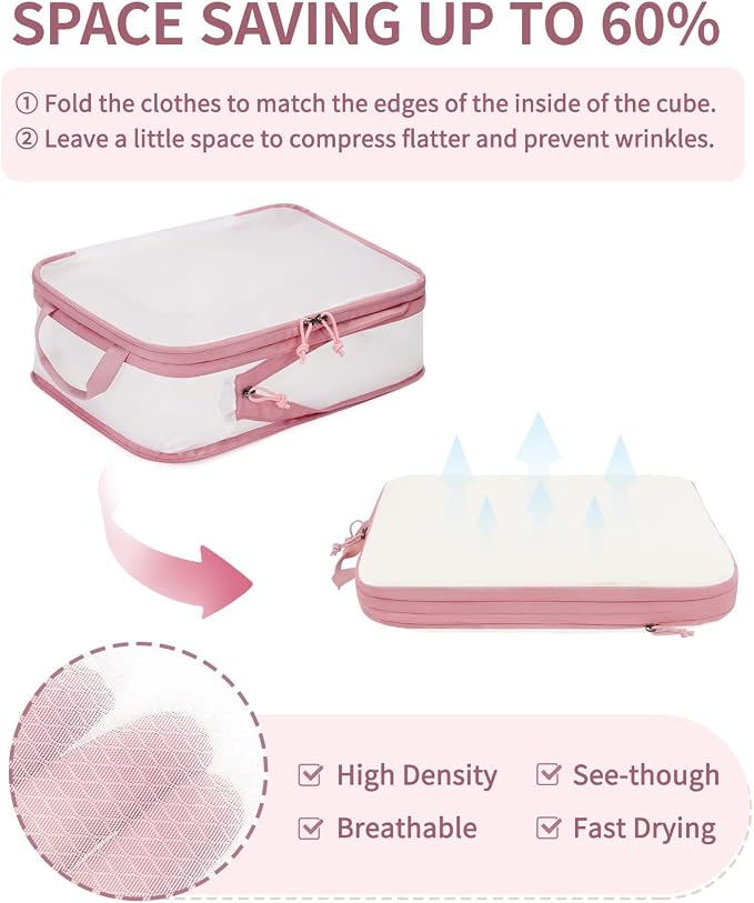 ECOHUB 6 Set Compression Packing Cubes, Gifts for Women Mom, Lightweight Vacation Travel Essentials Accessories for Suitcase Luggage Organizer Bags Set with YKK Zippers Shoe Bag, Pink - Image 3