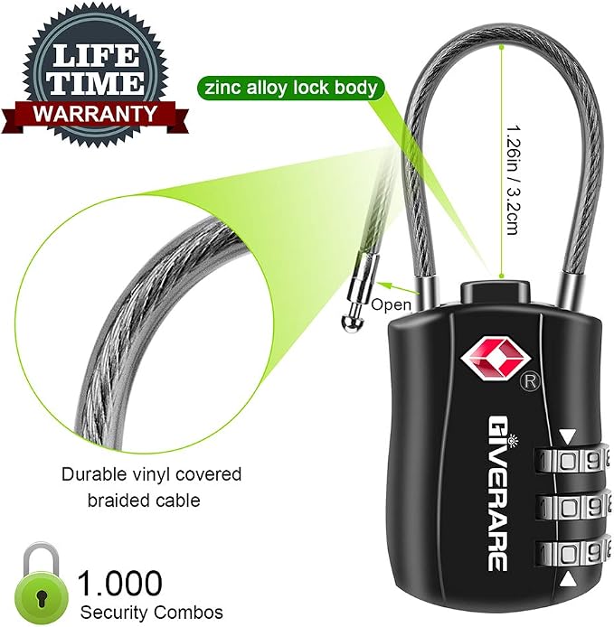 GIVERARE TSA Approved Luggage Locks, Combination Travel Cable Lock, Re-settable 3-Digit Padlocks with Alloy Body, Keyless Travel Sentry Accepted Padlock for Gym Locker, Golf Bag Case, Backpack-Black - Image 3