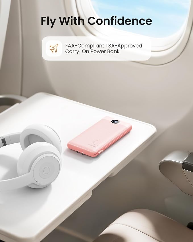 Portable Charger Built-in Cables and Wall Plug, 10000mAh Slim USB C Power Bank, LED Display External Battery Pack Compatible with iPhone/Android & More (Pink) - Image 7