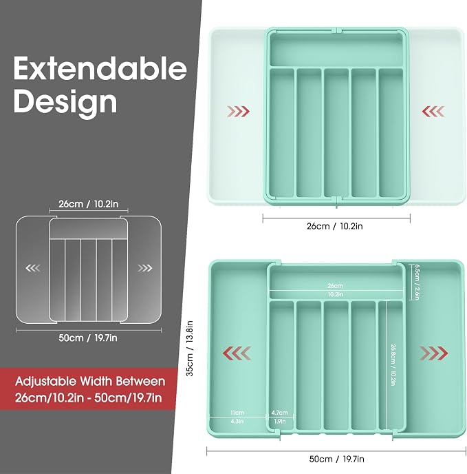 Aujen Silverware Drawer Organizer, Adjustable Utensil Cutlery Tray | Expandable Kitchen Organizer for Forks Knives, Multipurpose Kitchen Storage, Apartment Essentials, Green, Large - Image 2