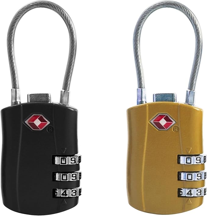 TSA Locks for Luggage, Small Padlock Combination with Cable, Luggage Locks TSA Approved, Combo Padlock with Code, for Travel Suitcase, Gym Locker, Gun Case, Backpack Zipper (Black+Golden) by SpecializeinCombinationLock