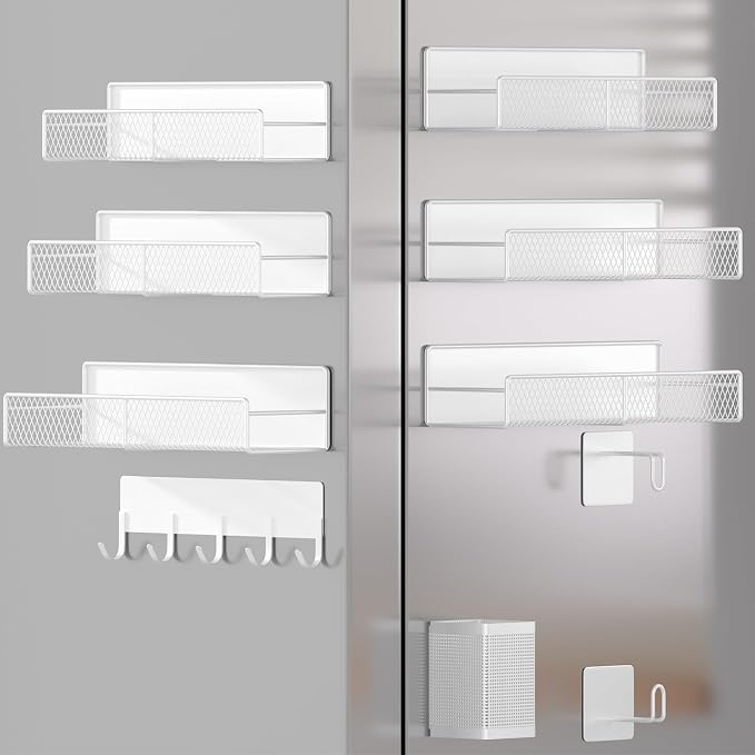 Magnetic Spice Rack for Refrigerator, 10 Pack Metal Magnetic Shelf, Moveable Spice Organizer with Hook Rack, Paper Towel Holder, Kitchenware Holder, Strong Magnetic Storage Fridge Organizer White by DTUQYX