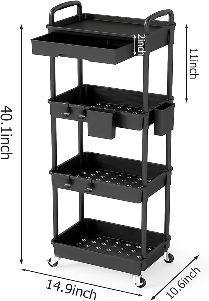 4 Tier Rolling Utility Cart with Drawer, Plastic Storage Organizer Rolling Carts with Wheels Handles Hanging Cups Hooks for Office, Bathroom, Kitchen,Craft Art Room (Black) - Image 2