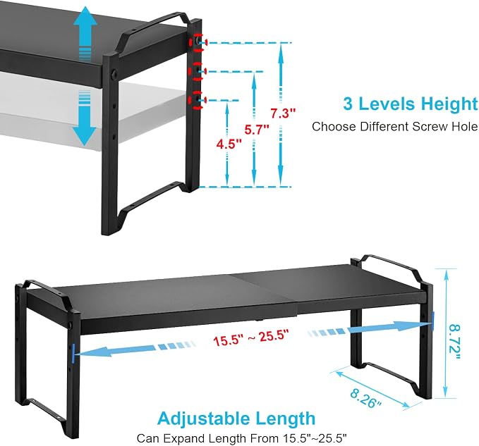 X-cosrack 25.5 Inches 2 Pack Expandable Cabinet Shelves, Stackable Shelf Organizer for Kitchen Cabinet Countertop Storage, Adjustable Counter Cupboard Pantry Organizer Shelf Rack Stand Riser, Black - Image 2