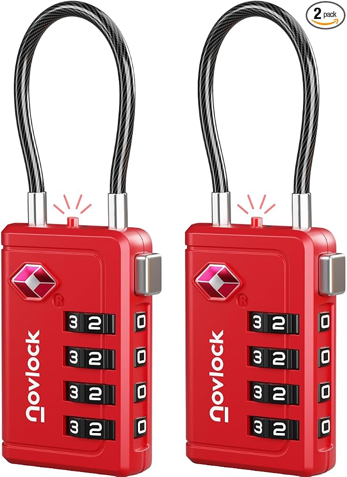 TSA Approved Luggage Locks, Travel Locks with Inspection Indicator | TSA008, Easy to Read Dials, 4 Digit Combination, Flexible Steel Cable, for Suitcases, Backpacks, Bags, 2-Pack, Red by Unknown