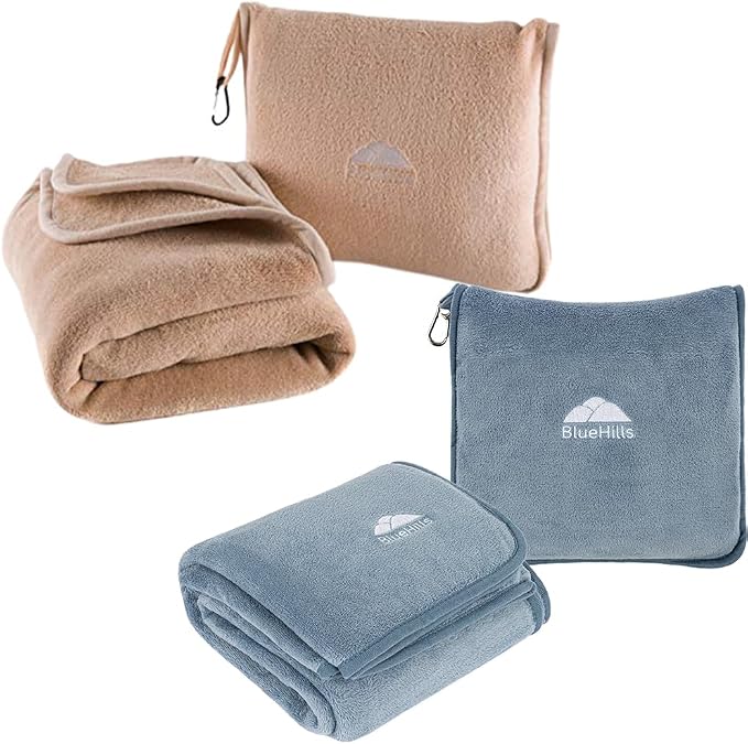 BlueHills Travel Blanket Pillows for Two Airplane Traveling Essentials Flight Throws in Bag case with Backpack Clip Compact Large Plane Accessories – Beige and Grayish Blue by BlueHills
