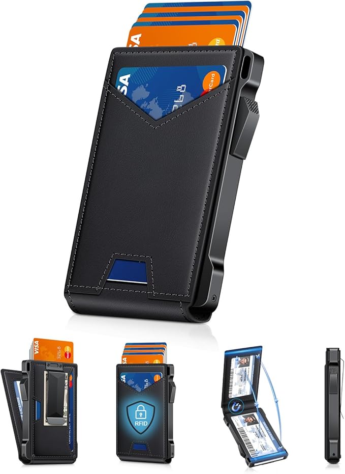 Wallet for Men RFID Wallet with 2 ID Windows & Money Clip, Slim Pop Up Card Holder for 10-12 Cards, Bifold Minimalist Smart Wallet for Front Pocket, Compact Metal Credit Card Holder, Gifts for Men by Unknown