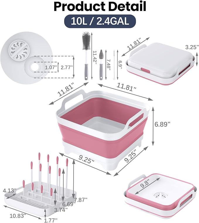 Volnamal Collapsible Wash Basin with Drying Rack & Drain Plug (Pink) | Portable 2.4 Gal Dish Tub, Foldable Basin for Baby Bottle, Vegetable, Camping Sink, Kitchen, RV, Camp, Outdoor Space-Saving - Image 6