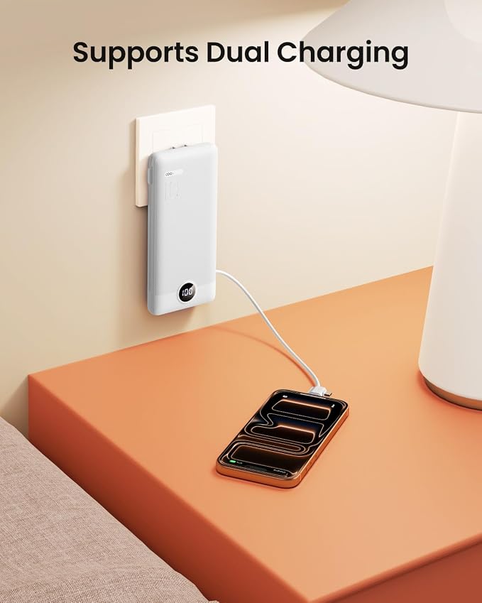 Portable Charger with Wall Plug, Slim USB C Power Bank with Built-in Cables, 10000mah LED Display External Battery Pack Compatible with iPhone/Android & More(White) - Image 5
