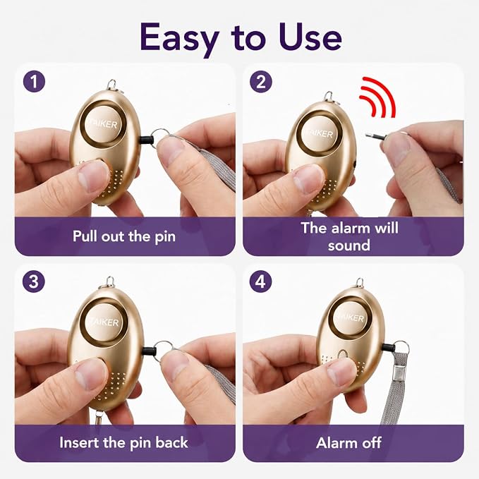 Personal Alarm for Women, 2Pcs 140dB Self Defense Keychain LED Light | Personal Safety Alarm with LED Light Panic Button for Women Kids and Elders (Gold & Purple) - Image 4