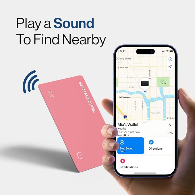 SPOTMINDERS Apple MFi Certified Wallet Tracker Card for Travel Gifts for Women - Works with Apple Find My Rechargeable Tracking Card for Wallet Luggage Passport Purse Slim 0.07in IP68 Pink Item Finder - Image 4