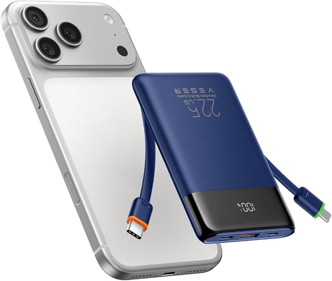 VEGER 10000mAh 22.5W Fast Charging Portable Charger with Built-in Cables | 0.4lb Slim USB C Power Bank, Small Battery Pack for iPhone 17/16/15/14 iPad Samsung, Flight Safe, Travel Essential, Navy Blue by VEGER
