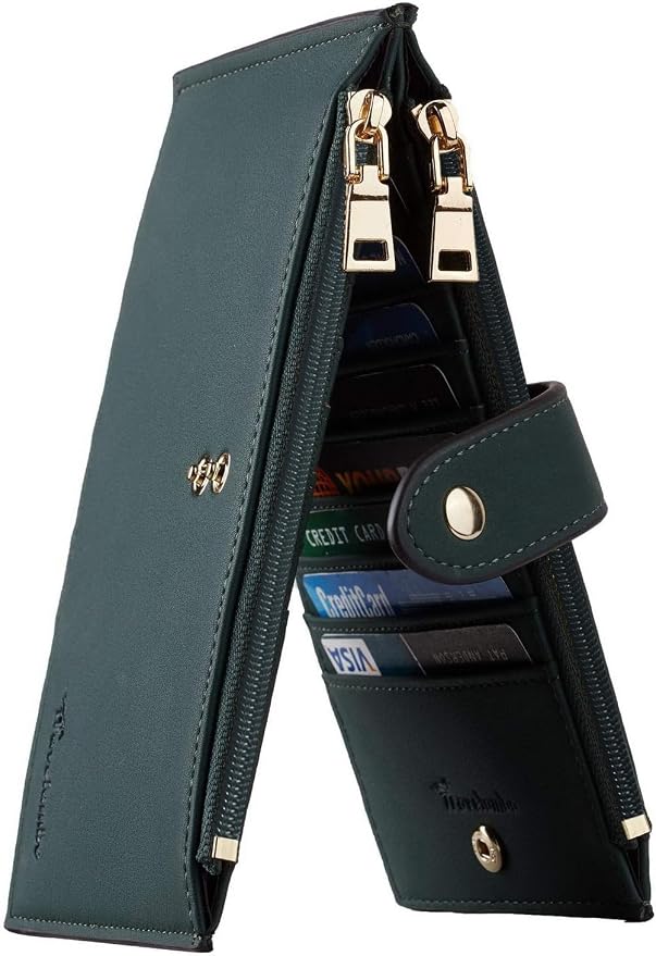 Travelambo Womens Leather Bifold Wallet, Slim RFID Blocking Card Holder | Large Capacity, 16 Card Slots & ID Window, 2 Zipper Pockets, Dual Snap Closure, Slim Lightweight, RFID Privacy Protection by Travelambo
