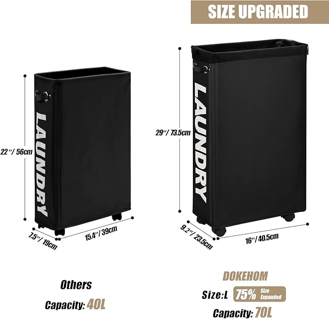 DOKEHOM 29" Enlarged Slim Rolling Laundry Basket Hamper on Wheels, Black | Collapsible tall laundry hamper with removable mesh wash bag. Foldable narrow corner clothes storage bin for small spaces - Image 3
