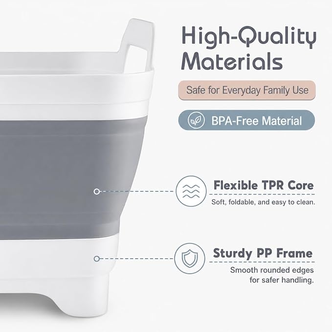 Collapsible Dish Basin with Drain Plug, Foldable Wash Basin 2.4 Gal (9L) | Portable Sink Tub for Kitchen, Baby Bottles, Camping, RV, Vegetable Washing and Beverage Tub, Gray - Image 4