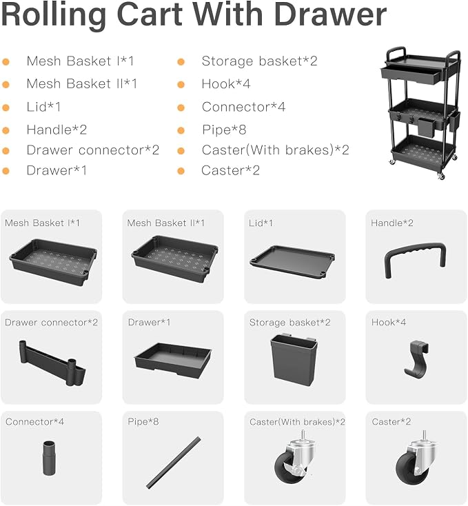 3 Tier Rolling Utility Cart with Drawer,REBECAT Utility Cart Made of Multifunctional Storage Organizer Tool for Kitchen,Bathroom,Living Room,Office(Black) - Image 4