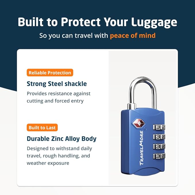 Luggage Locks TSA Approved, 4-Digit Travel Combination Locks | TSA Accepted, Easy to Use, Compact, Lightweight, Durable, Zinc Alloy Body, for Suitcases, Backpacks, Zippers, 5-Pack, Blue - Image 8
