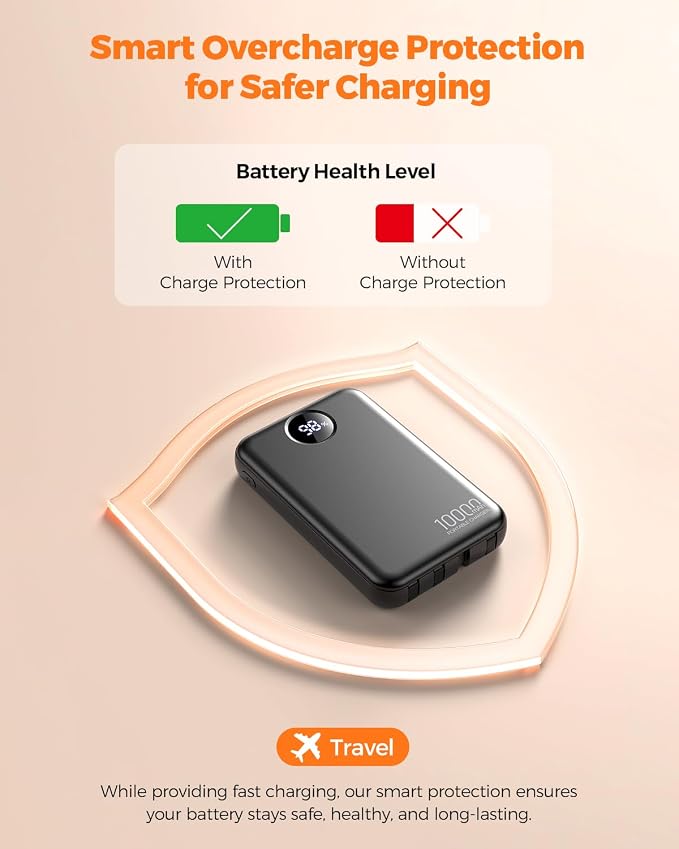 Portable Charger 10000mAh with 4 Built-in Cables 40% Smaller | Power Bank Fast Charging Battery Pack,LED Display Compact with Travel Charger for iPhone Other Devices-Black - Image 9