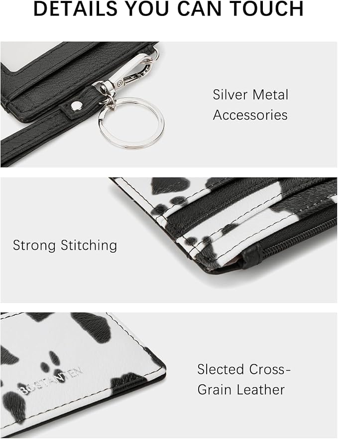 BOSTANTEN Credit Card Holder RFID Small Wallet for Women with Keychain | Slim, Wristlet, Zipper Coin Pocket, Pocket-Friendly, Vegan Leather, Minimalist, Gifts, Cow Print - Image 3