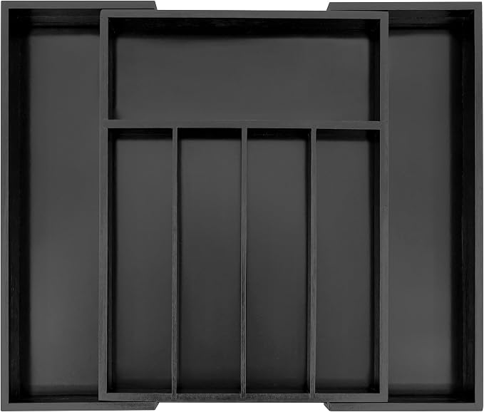 VaeFae Bamboo Drawer Organizer, Medium, Black | Wooden Utensil Holder for Forks Knives, 38 cm D x 29.2-45.7 cm W, 5-7 Slots, Black by VaeFaeDirect