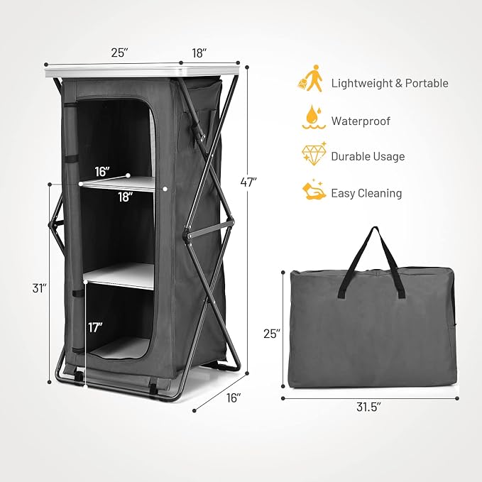 GIANTEX Folding Camping Storage Cabinet with 3 Shelves and Carry Bag, Portable Outdoor Organizer Kitchen Table, Quick Set-up for BBQ, Picnic, Backyard, Compact Pop-Up Cupboard, 47''H - Image 3