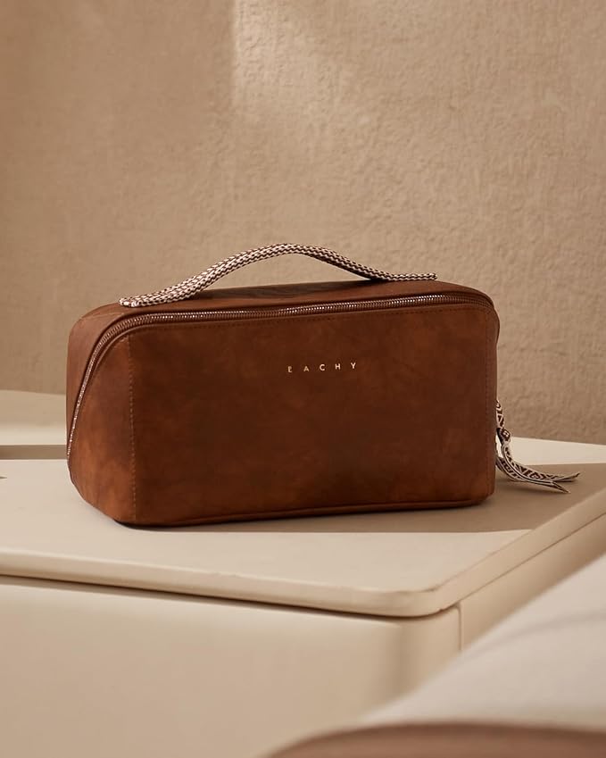 EACHY Travel Makeup Bag for Women, PU Leather Cosmetic Bag, Brown, Medium | Water-resistant PU leather exterior with flat-open access, clear TPU brush compartment and organized storage for cosmetics - Image 9