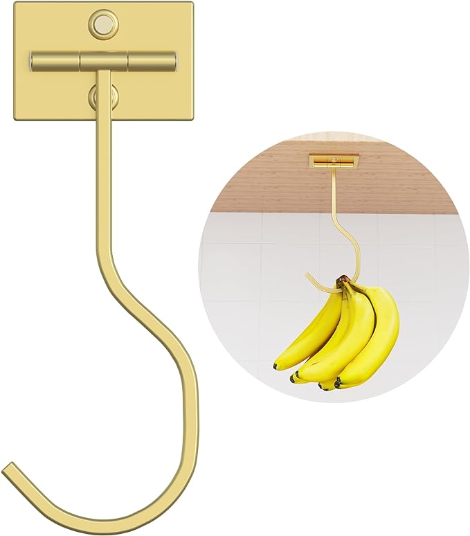 Adhesive Banana Hook Under Cabinet, Under Counter Banana Hanger, Gold | Foldable Banana Hanger, Metal Banana Holder, Hold 20 Bananas, Space-Saving Design, Folding with Magnets When Not in Use by BUSSDIS