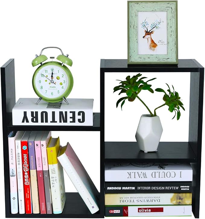 Desktop Shelf Freestanding Wooden Small Bookshelf Desk Supplies Organizers and Accessories Storage Display Rack Office Dorm Decor for Women, Black by PAG