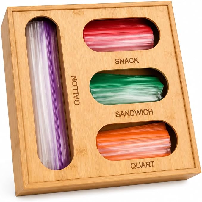 4 in 1 Bamboo Bag Storage Organizer for Sandwich, Snack, Quart,Gallon Bags by Pollilar