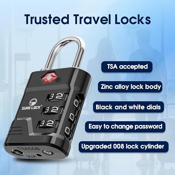 SURE LOCK TSA Approved Luggage Lock – 3-Digit Resettable Combination Padlock with Open Alert Red Dot, Large Easy-Read Dials for Suitcases, Backpacks, Gym & School Lockers - Image 4