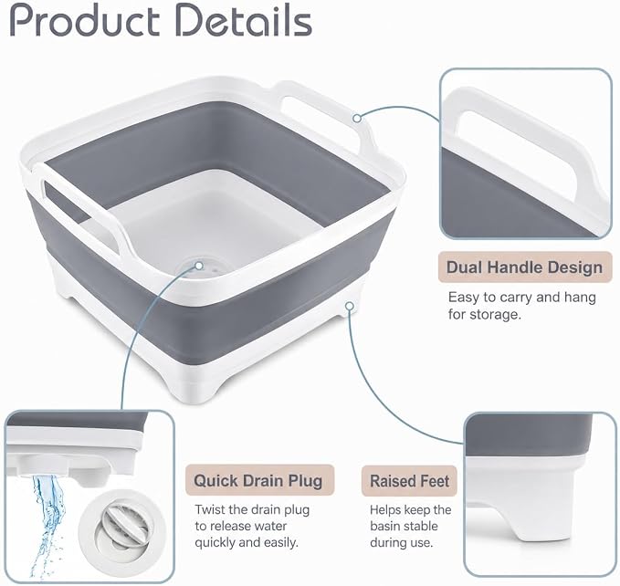 Collapsible Dish Basin with Drain Plug, Foldable Wash Basin 2.4 Gal (9L) | Portable Sink Tub for Kitchen, Baby Bottles, Camping, RV, Vegetable Washing and Beverage Tub, Gray - Image 3