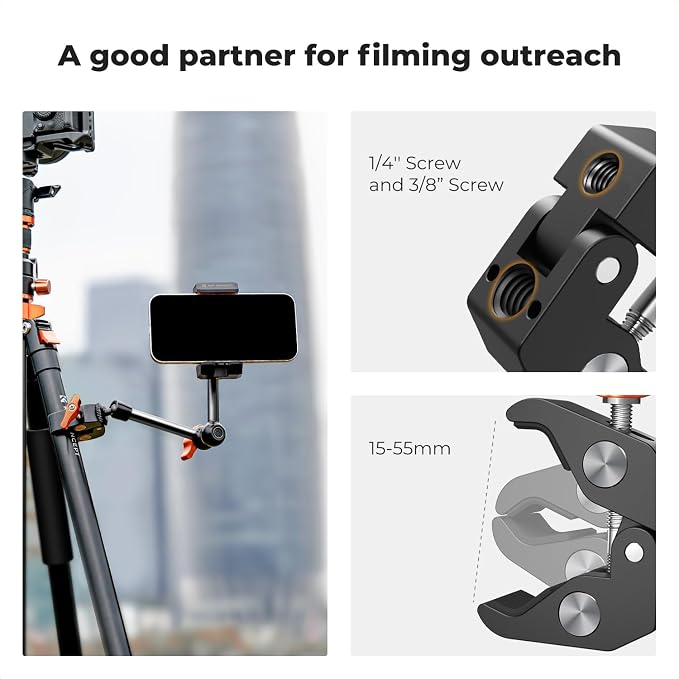 K&F CONCEPT 9.8" Magic Arm Clamp Kit with 1/4" & 3/8" Thread Screw | 360° Ball Heads Magic Arm with Tripod Mount Adapter for Gopro/LED Lights/Monitor/Flash/Microphone/DSLR Camera, MS32 - Image 5