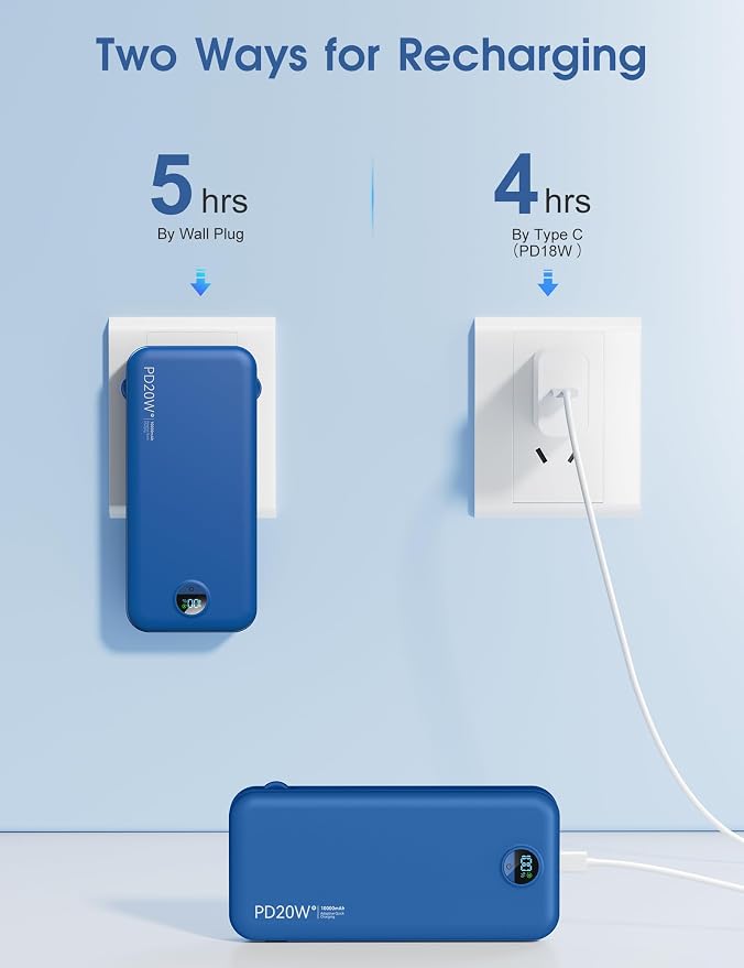 citicr Portable Charger 10000mAh PD20W w/Built-in Cables & Wall Plug Navy | Fast charging, Built-in wall plug, LED display, Charge 5 devices at once, Pass through charging, TSA approved, Pocket size - Image 8