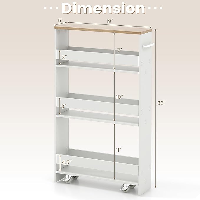 COSTWAY Slim 4-Tier Rolling Utility Cart, Wooden Shelving Unit with Handle & Wheels, Ideal for Small Spaces - Image 7