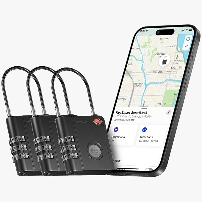 KeySmart SmartLock Tracking Luggage Locks, TSA Locks for Luggage, GPS Tracker, Combination Lock Compatible with Apple Find My App, Best Travel Essentials, Replaceable Non-Rechargeable Battery (3 Pack) by KeySmart