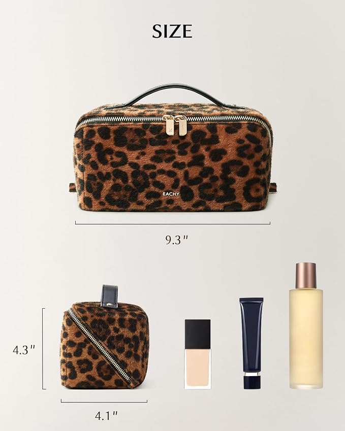 EACHY Travel Makeup Bag for Women, Flat Open Leopard Print Cosmetic Bag | Leopard-print PU leather cosmetic bag opens flat with dividers and clear TPU brush pocket for makeup and travel essentials - Image 4