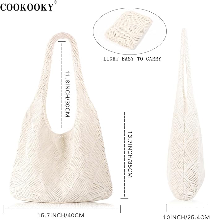 COOKOOKY Crochet Beach Tote bag Summer Beach Bag for Women Aesthetic Mesh Tote Bag Hippie Bag Knit Bag - Image 5