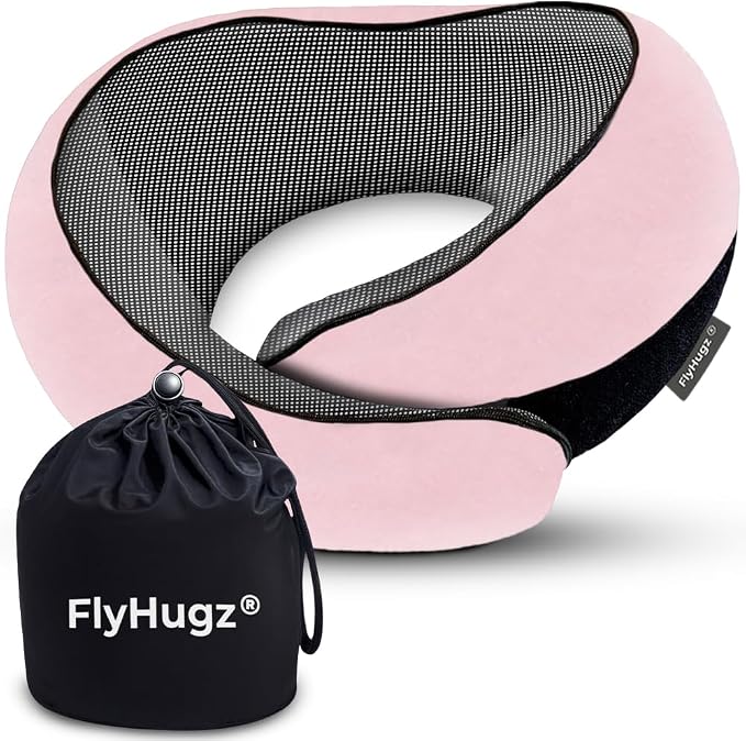 FlyHugz® Neck Travel Pillow Memory Foam Neck Pillow for Comfort on Airplane Compact and Ergonomic Design for Travel, Car Rides, and Home Use Ideal for Adults and Kids. (Pink) by FlyHugz%C2%AE