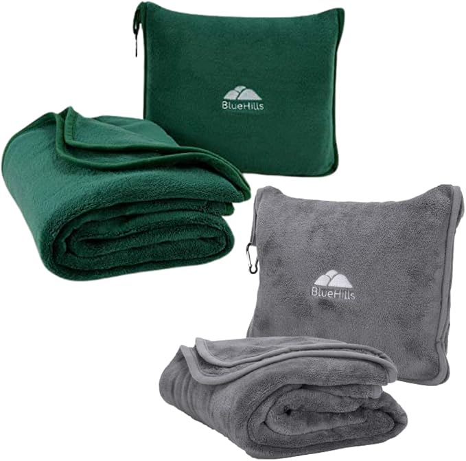 BlueHills Soft Travel Blankets Plush Value Pack Set of 2 - Premium Airplane Travel Essential Flight Blanket Throw in a case with Strap Compact for Car Plane Travel Gift – Dark Green and Gray. by BlueHills