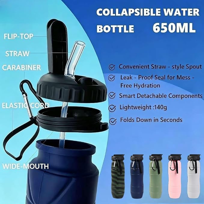 Collapsible Water Bottles 22oz with Straw 2Pack Travel (Pink+Light grey) | 650ml Silicone,Foldable Portable,Leakproof,Ultra-light，BPA Free,for Traveling Camping Hiking Cycling Sports Outdoor - Image 4
