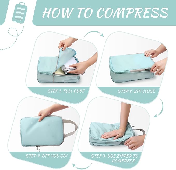 WOOMADA Compression Packing Cubes for Suitcases Travel Essentials 4 Set Expandable Travel Bags Organizer for Luggage(turquoise) - Image 5