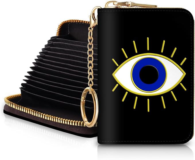Blusabaca RFID Credit Card Holder Small Women Travel Wallet, Evil Eye | Removable Keychain, Case with Zipper, Vegan PU Leather, Cash Coin Pocket, Business Accordion Purse, Ladies Female Gift by Blusabaca