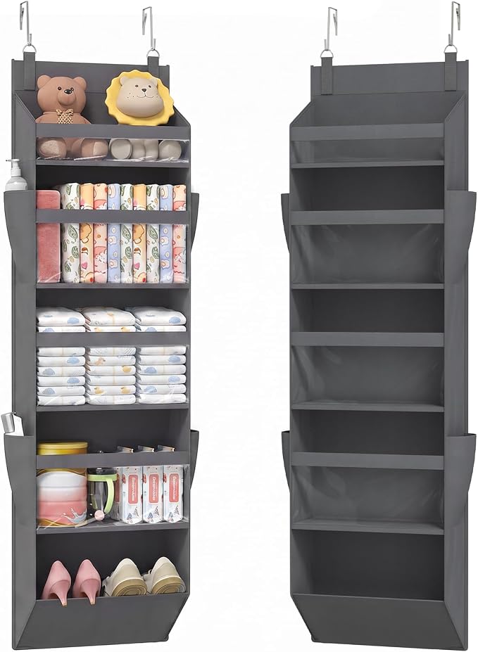 Lifewit 1 Pack Over the Door Organizer, 5 Section Clear Window Hanging Storage with 4 Side Pockets, Sturdy Anti Tilt 40 lbs Load Behind Door for Closet, Bedroom, Bathroom, Nursery, Dorm, Dark Gray by Lifewit