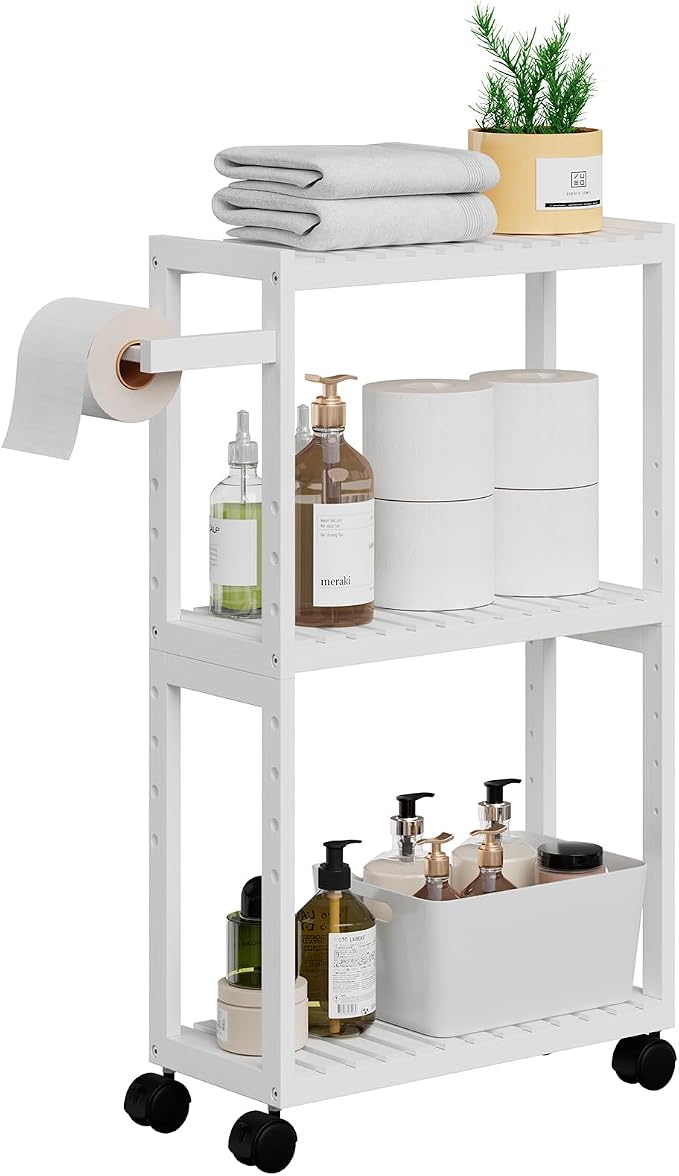 RRX Bamboo Rolling Cart, Slim 3-Tier Standing Shelf Units on Wheels(White) | Bamboo Shelves Utility, Storage Corner Shelf Cabinet for Narrow Space, Toilet Paper Organizer for Bathroom, Kitchen by RRXHome