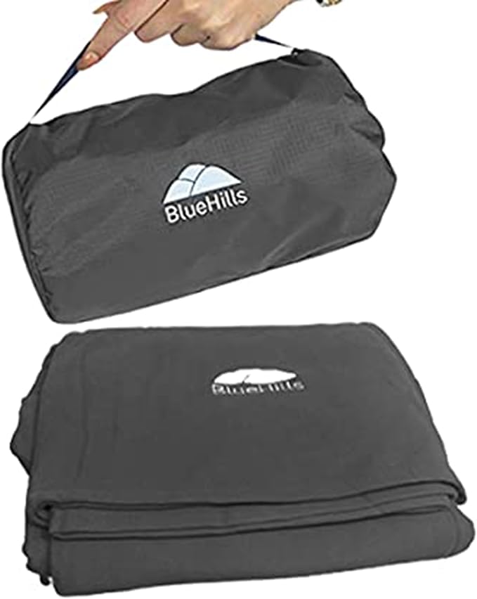 BlueHills Ultra Compact Travel Blanket Pillow Airplane Long Flights - Gray | Portable Bag Case, 70 X 56 Large Size, Luggage Strap & Carabiner, Traveling Essential, Compact & Lightweight, Travel Gifts by BlueHills