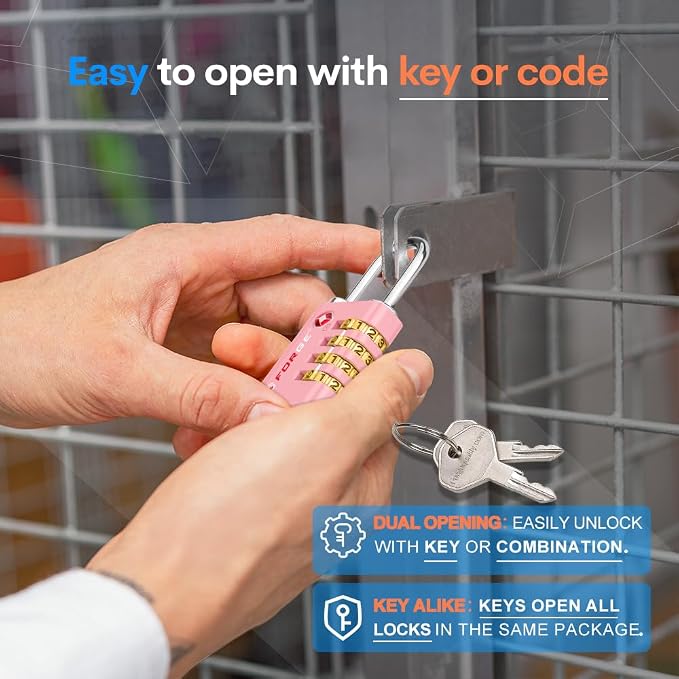 Forge Dual-Opening: Key or Combination Access Lock, TSA Approved Locks for Luggage, Pelican case, Travel, Gym, School, Stainless Steel Shackle. (Pink, 2 Pk) - Image 5