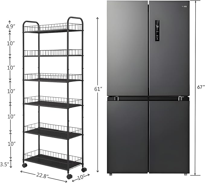 10in 6-Tier Slim Storage Cart with Wheels, Metal 10in Wide Black Narrow Rolling Shelf, Sturdy Slim Storage with Hooks Ideal for Kitchen, Bathroom, and Laundry Room - Image 6