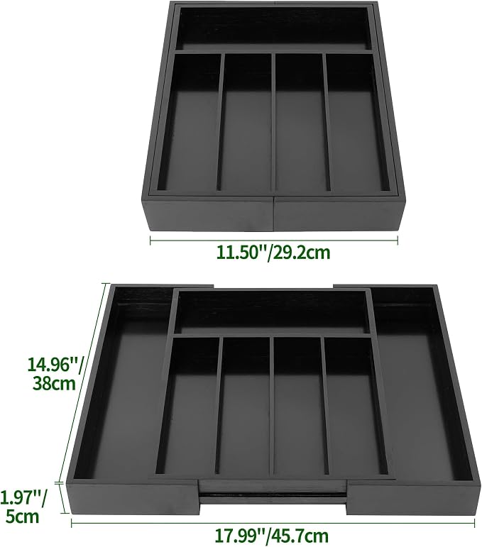 VaeFae Bamboo Drawer Organizer, Medium, Black | Wooden Utensil Holder for Forks Knives, 38 cm D x 29.2-45.7 cm W, 5-7 Slots, Black - Image 3