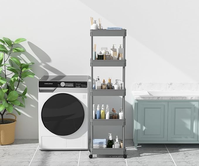 Sooyee 5-Tier Plastic Rolling Utility Cart with Wheels, Grey | Multi-Functional Storage Trolley for Office, Living Room, Kitchen, Movable Storage Organizer with Wheels - Image 8