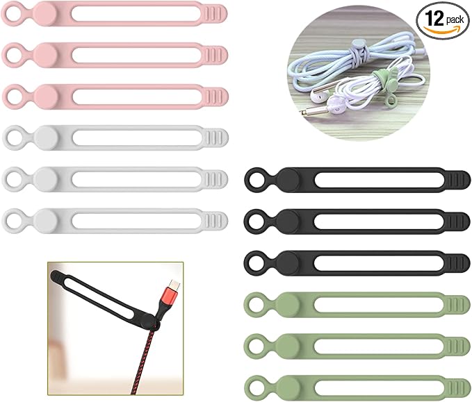 UMUST 12Pcs Silicone Cable Ties, Cable Management Cord Organizer 4Colors | Reusable Cord Ties, Cable Strap Tie for Bundling Electronics Wire,Home Office Travel Essentials Accessories 4.2inch by ELECTRONICACCESSORIES
